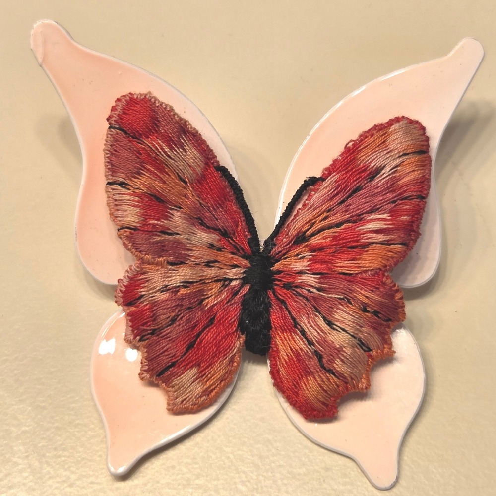 Vintage Unsigned Embroidered Butterfly Pink Enamel Brooch Pin Orange Red Women's